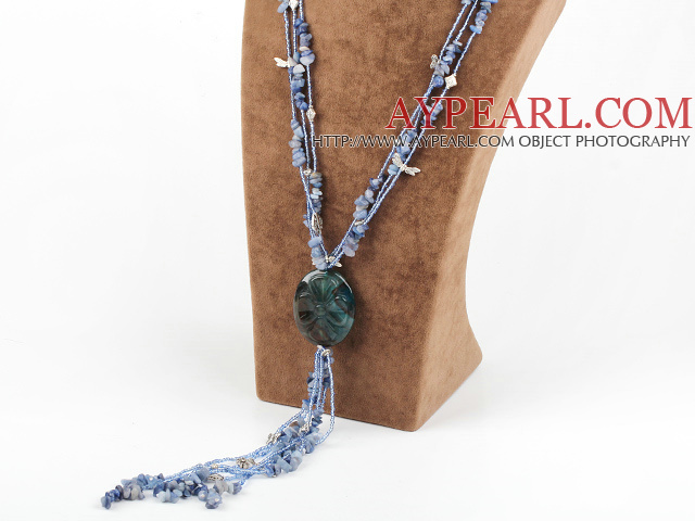 blue gem stone chip agate flower pendant necklace