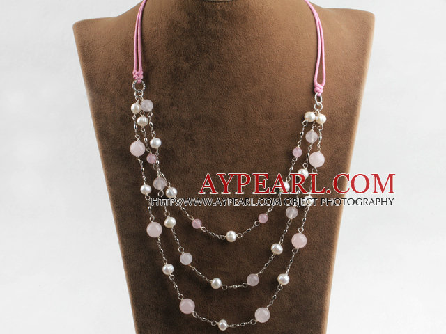 beautiful three strand white pearl and rose quartze necklace