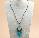 Simple Retro Style Chandelier Shape Sky Blue Crystal Tassel Pendant Necklace With Black Leather