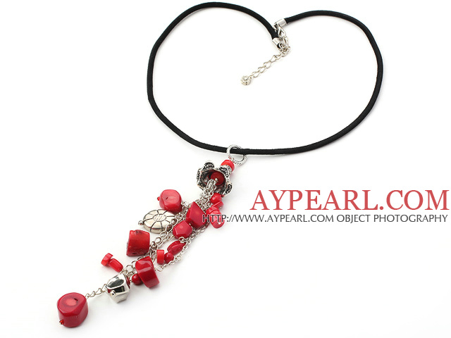 17.7 inches red coral and tibet silver charm necklace with extendable chain