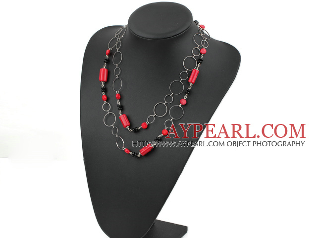 fashion long style coral and agate necklace with big metal loops