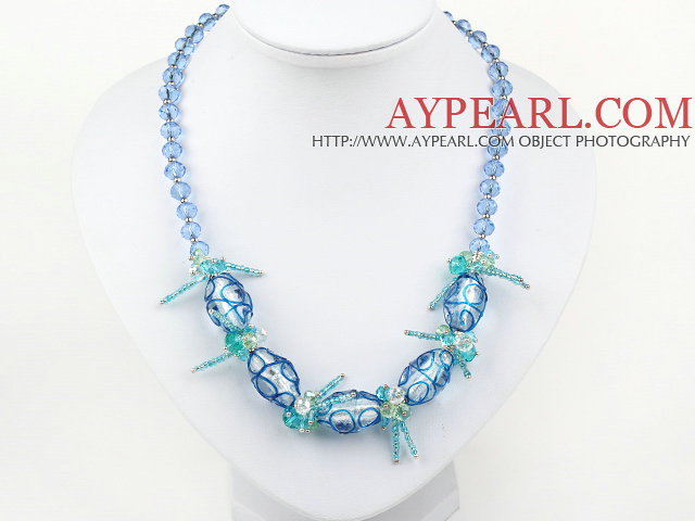 blue crystal and colored glaze neckace with extendable chain