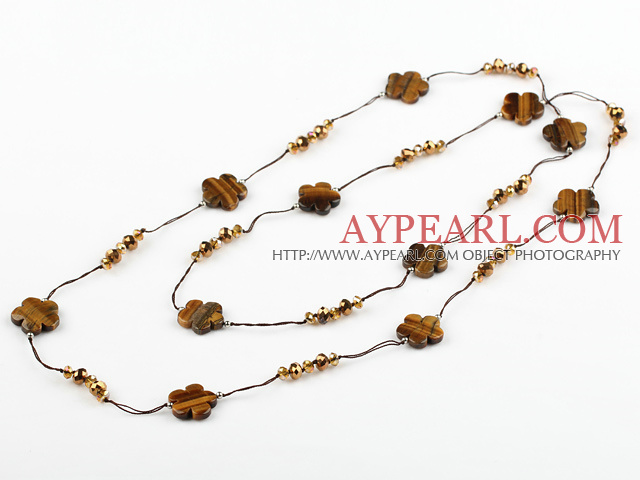 fashion long style jewelry  crystal and tiger eye stone necklace