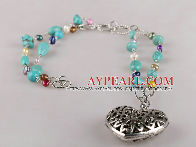 multi color pearl and turquoise beaded necklace with heart pendant