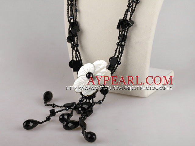 black agate and crystal shell flower necklace