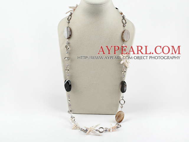 long style cross pearl and line agate necklace