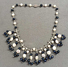 Popular New Design Natural White & Black Freshwater Pearl Bib Necklace With Small Alloyed Chinese Knot