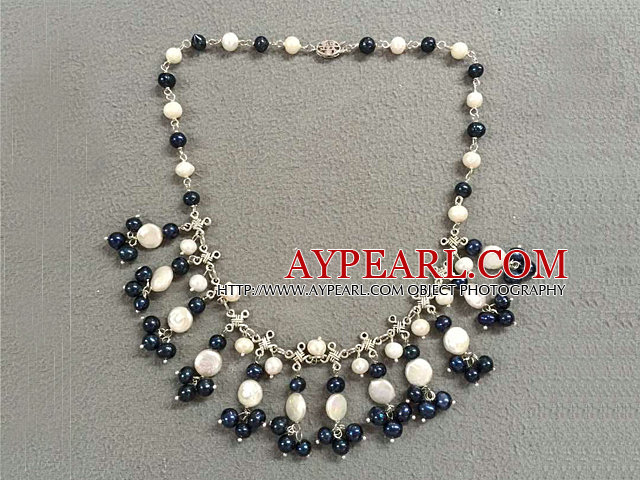 Popular New Design Natural White & Black Freshwater Pearl Bib Necklace With Small Alloyed Chinese Knot