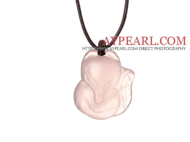 Cute Simple Design Fox Rose Quartz Pendant Necklace with Dark Brown Leather
