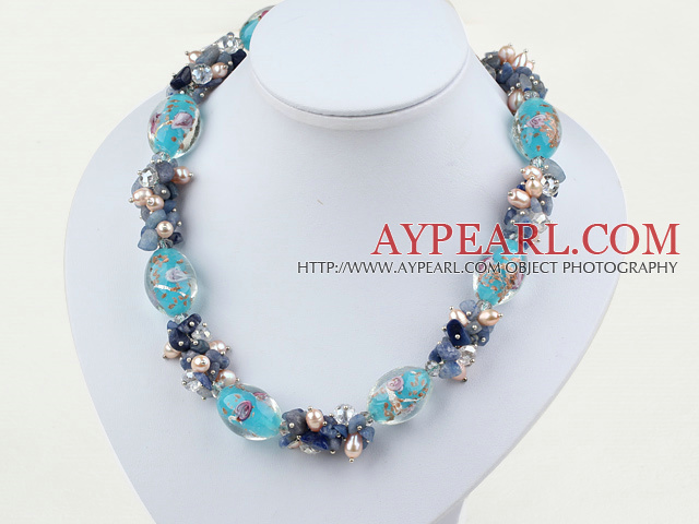 17.5 inches pearl crystal and kyanite and colored glaze necklace with toggle clasp