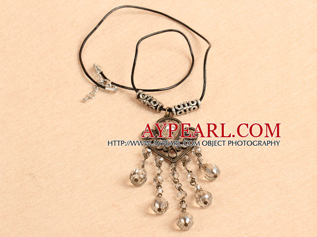 Simple Retro Style Chandelier Shape Tear Drop Gray Crystal Tassel Pendant Necklace With Black Leather