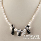 rice shape white pearl and black agate necklace with lobster clasp