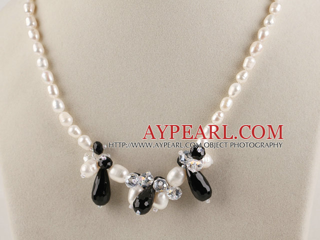 rice shape white pearl and black agate necklace with lobster clasp