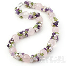 Light Pink and Purple Series Rose Quartz and Amethyst and Olivine and White Pearl Necklace