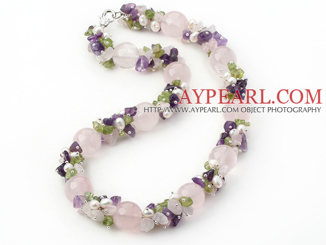 Light Pink and Purple Series Rose Quartz and Amethyst and Olivine and White Pearl Necklace