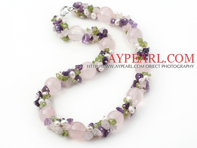 Light Pink und Purple Series Rosenquarz und Amethyst und Olivine and White Pearl Necklace