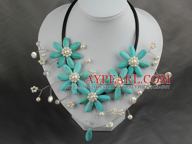 White Freshwater Pearl and Turquoise Flower Necklace with Leather Cord