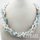 Multi Strands White Freshwater Pearl and Aguamarine Twisted Necklace