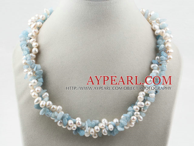 Multi Strands White Freshwater Pearl and Aguamarine Twisted Necklace