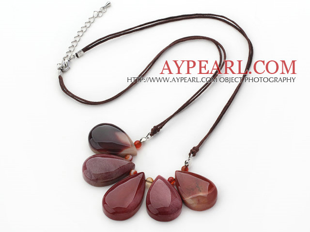 Simple Style Fan Shape Big Drop Silver Leaf Agate Necklace with Blue Thread