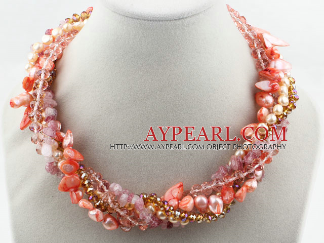 Assorted Pink Freshwater Pearl Shell and Strawberry Quartz Twisted Necklace