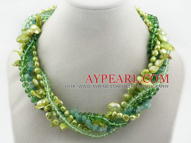 Assorted Green Teeth Shape Pearl Crystal and Aventurine Twisted Necklace
