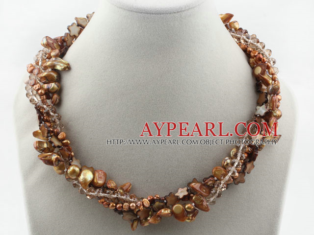 Assorted Brown Freshwater Pearl Crystal and Brown Shell Twisted Necklace