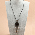 Simple Retro Style Chandelier Shape Gray Agate Clear Crystal Tassel Pendant Necklace With Black Leather