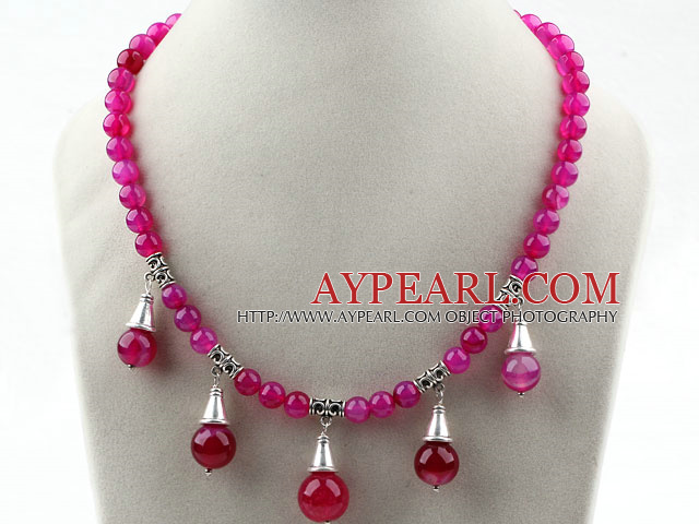Round Rose Pink Agate Necklace with Lobster Clasp