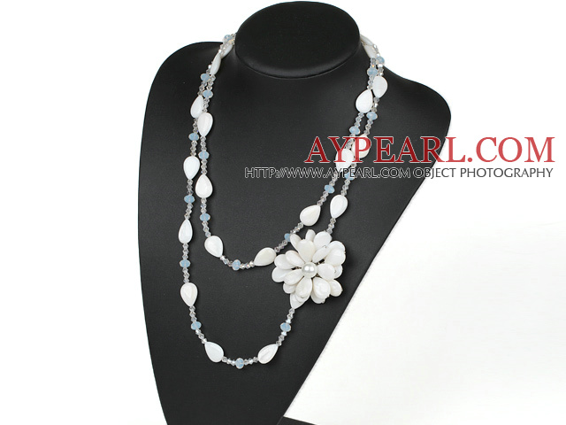 Long Style Clear Crystal and White Shell Flower Necklace