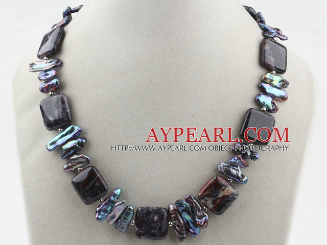 Biwa Pearl and Dragon Blood Stone Necklace with Moonlight Clasp