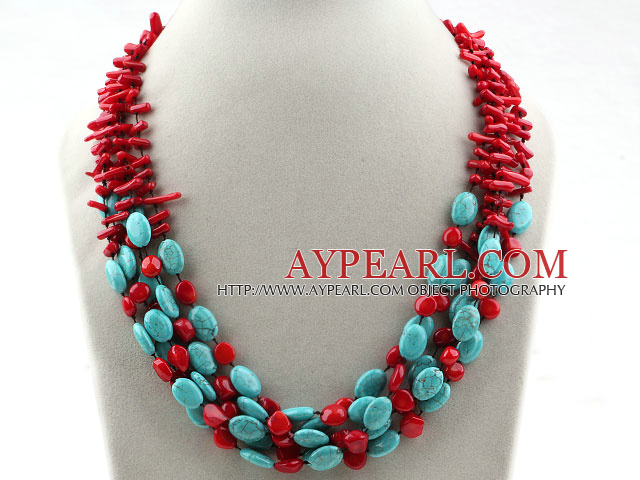 Multi brins Forme Assorted Branche Rouge Corail et Turquoise Ovale Collier Forme
