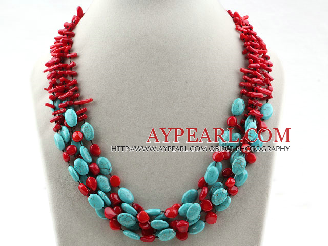 Multi Strands Assortert Branch Shape Red Coral og oval form Turquoise halskjede