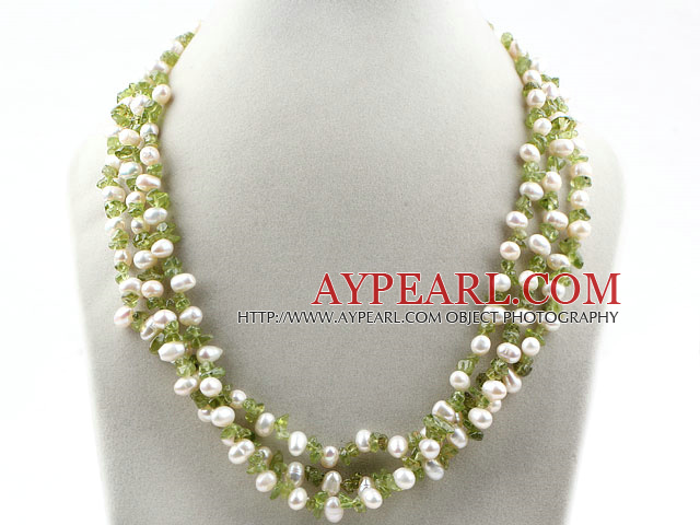 Three Strands Assorted White Freshwater Pearl and Olive Stone Necklace