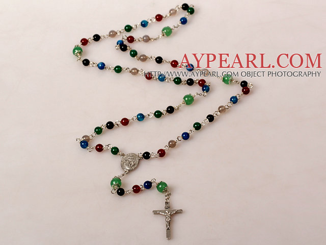 Fashion Multi Color Agate Cross Prayer halskjede 