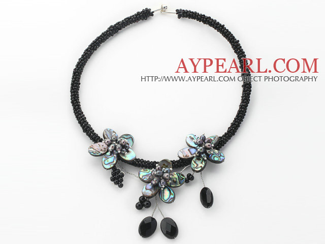 Black Freshwater Pearl and Abalone Shell Flower Choker Necklace