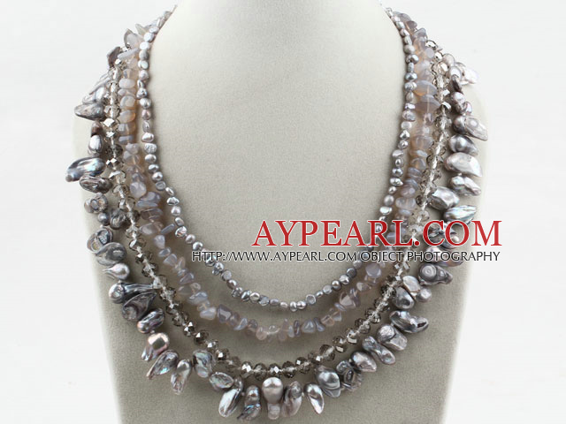 Multi Strands Gray White Freshwater Pearl Crystal and Agate Necklace