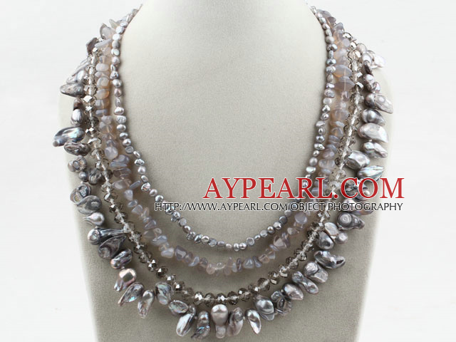 Multi brins gris blanc perle d'eau douce et cristal Collier Agate