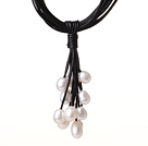 Multi Strands 11-12mm White Freshwater Pearl Leather Necklace with Magnetic Clasp and Black Leather