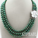 Three Strands 8-9mm Round Dyed Dark Green Freshwater Pearl Necklace with White Shell Flower Clasp