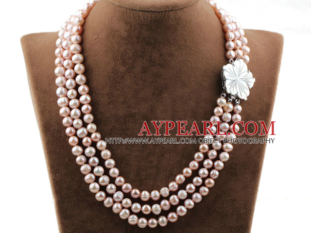 Three Strands 8-9mm Round Natural Purple Freshwater Pearl Necklace with White Shell Flower Clasp