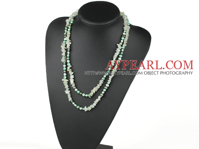 Assortert Grønn Freshwater Pearl og Serpentine Jade lang stil halskjede