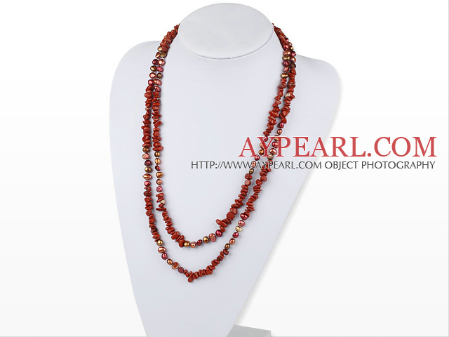 Assortert Red Freshwater Pearl og Red Jasper lang stil halskjede