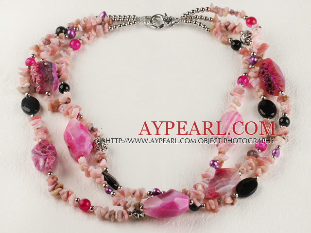 3 strand nydelig rosa opal og sort agat halskjede