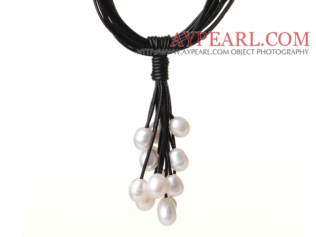 Multi Strands 11-12mm White Freshwater Pearl Leather Necklace with Magnetic Clasp and Black Leather