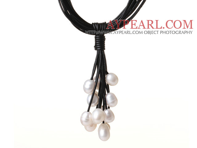 Multi Strands 11-12mm valkoinen makean veden Pearl nahka kaulakoru magneettilukko ja Black Leather