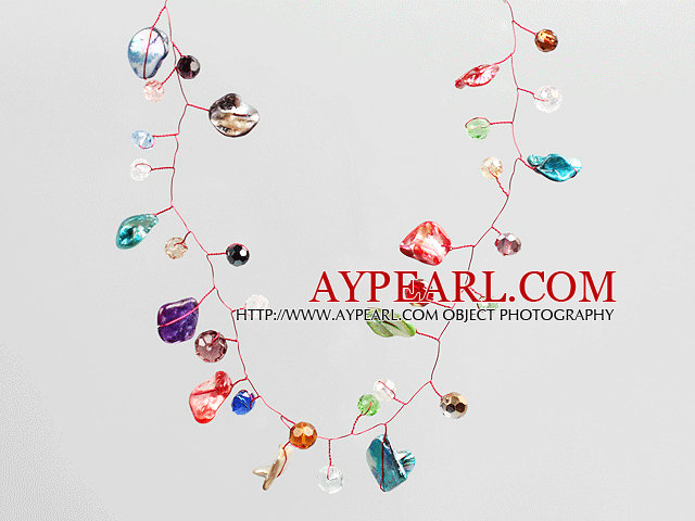 Multi Color Crystal och Shell Pärlor Virka Wire Halsband