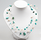 White Pearl and Turquoise Beads Crochet Wire Necklace