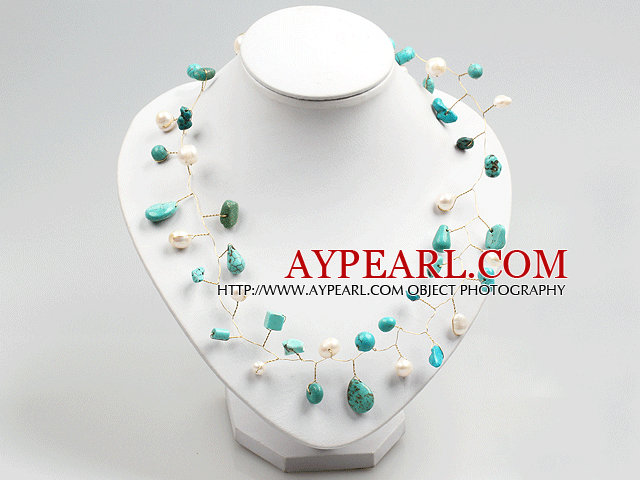 White Pearl and Turquoise Beads Crochet Wire Necklace