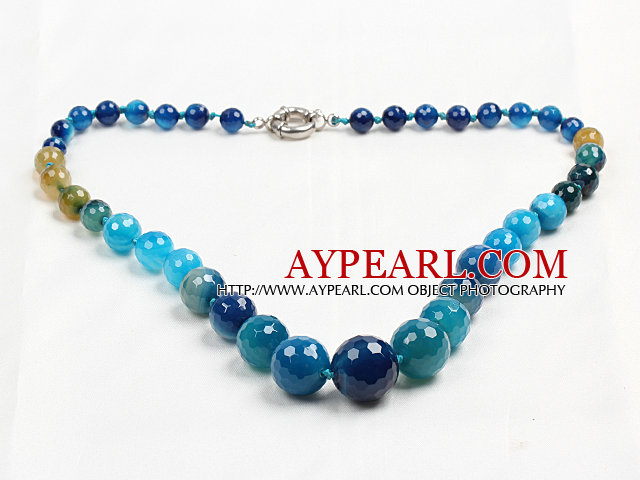 Round faceted blue agate graduated beaded necklace